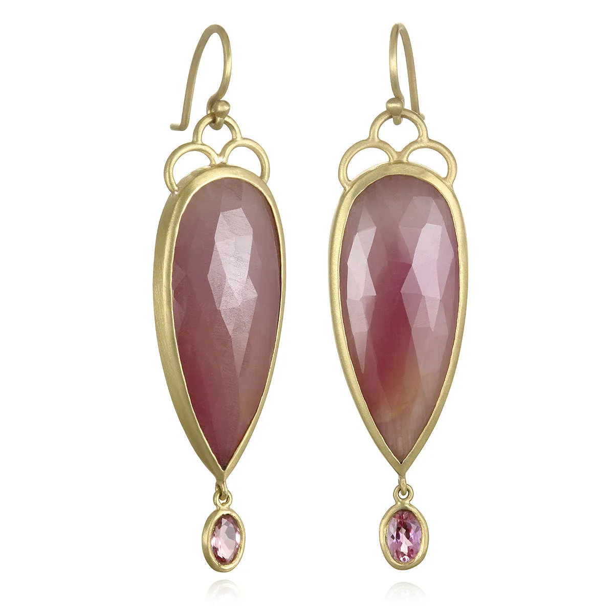 18 Karat Gold Rose Cut Pink Sapphire and Pink Topaz Scallop Earrings