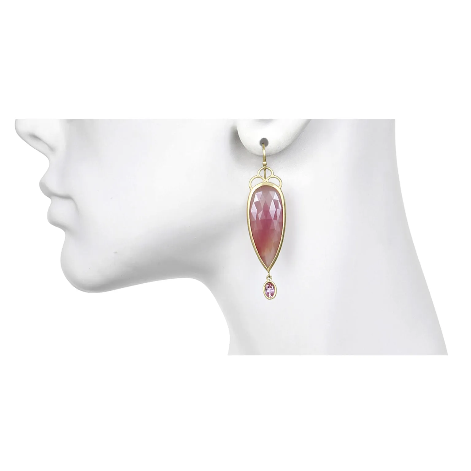 18 Karat Gold Rose Cut Pink Sapphire and Pink Topaz Scallop Earrings