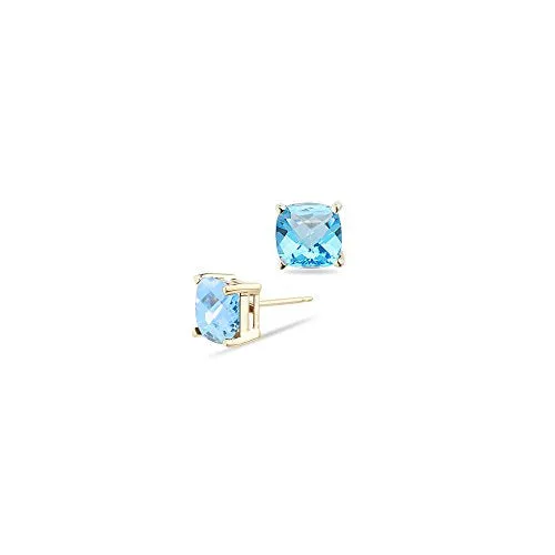 2.71 Cts of 7 mm AA Cushion Checkered Swiss Blue Topaz Stud Earrings in 14K Yellow Gold-Screw Backs