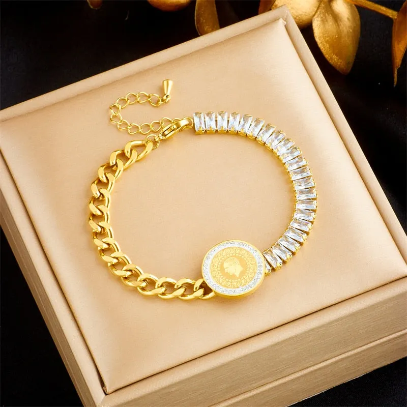 316L Stainless Steel Portrait Coin Bracelet For Women