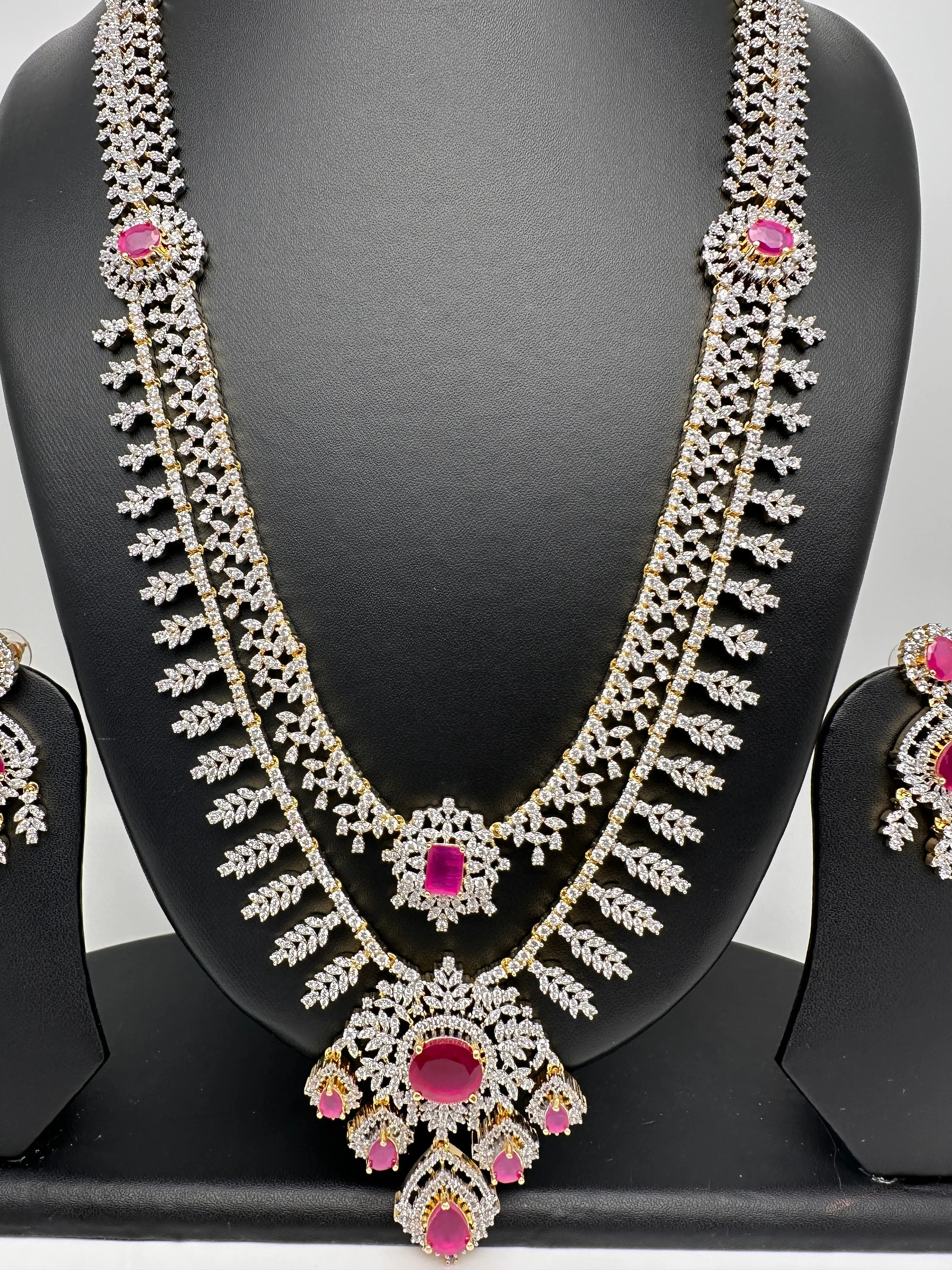 AD Diamond Finish Ruby Double Layer Long Necklace