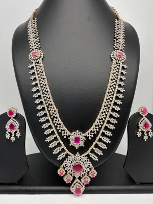 AD Diamond Finish Ruby Double Layer Long Necklace
