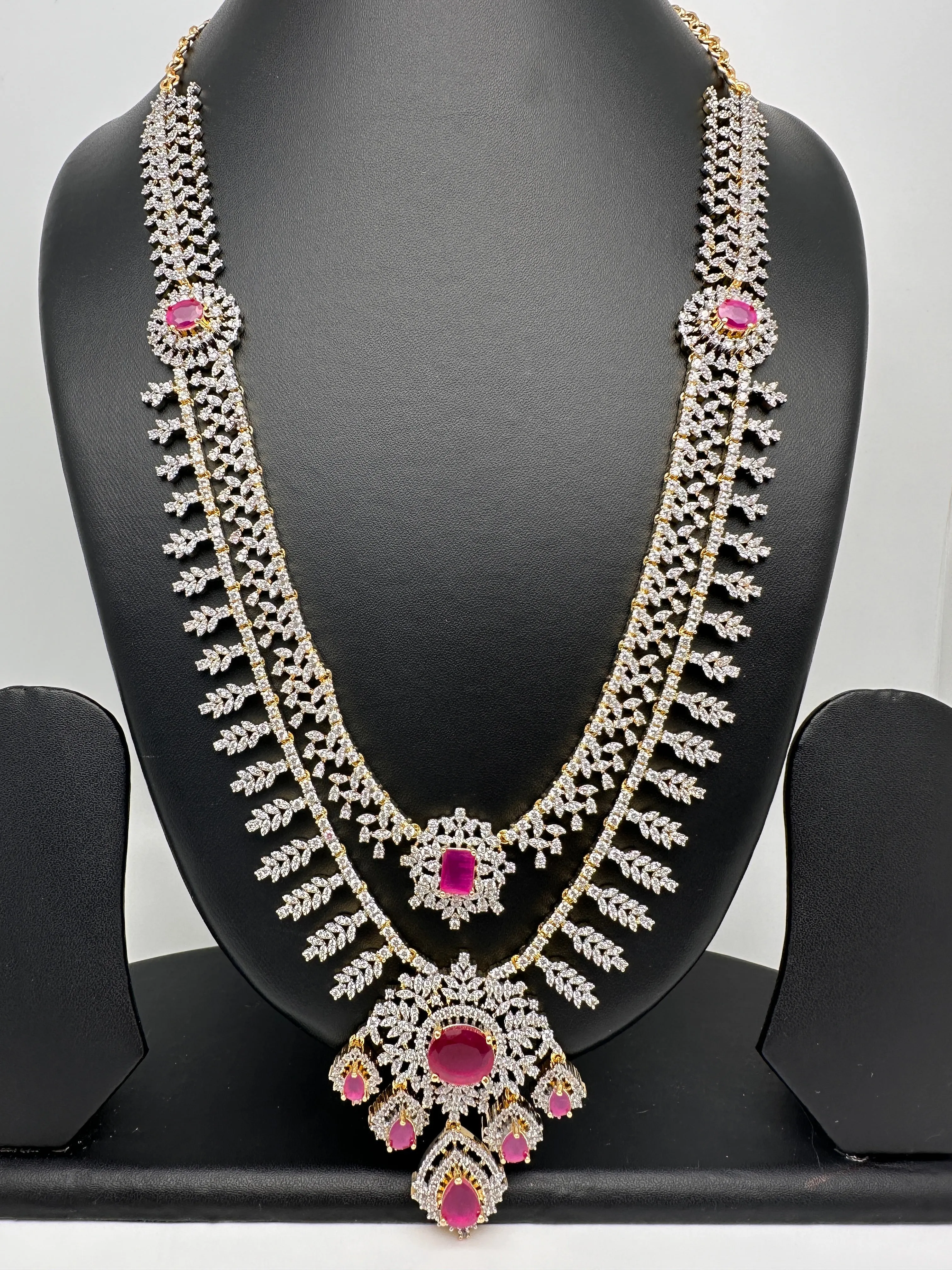 AD Diamond Finish Ruby Double Layer Long Necklace