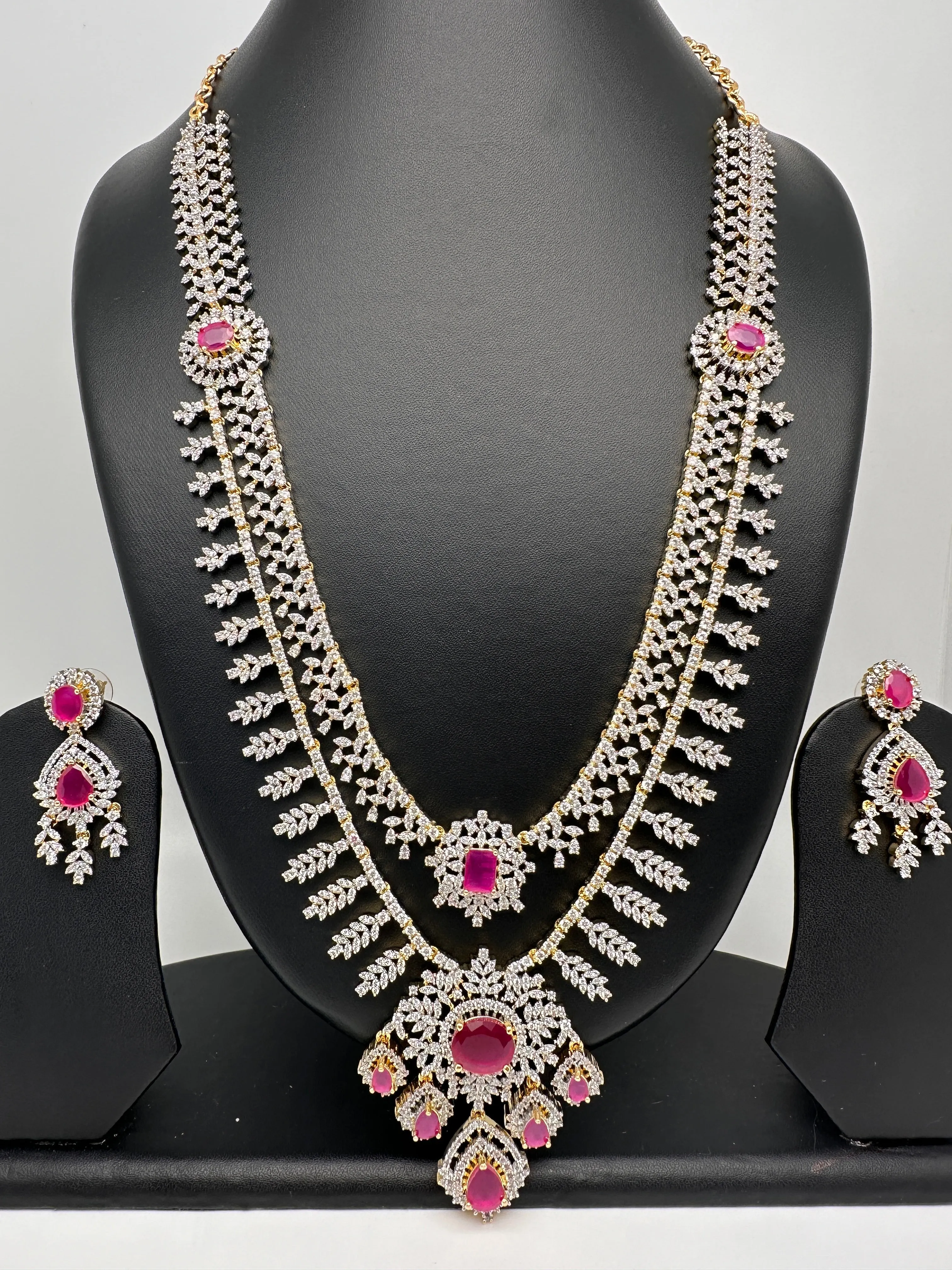 AD Diamond Finish Ruby Double Layer Long Necklace