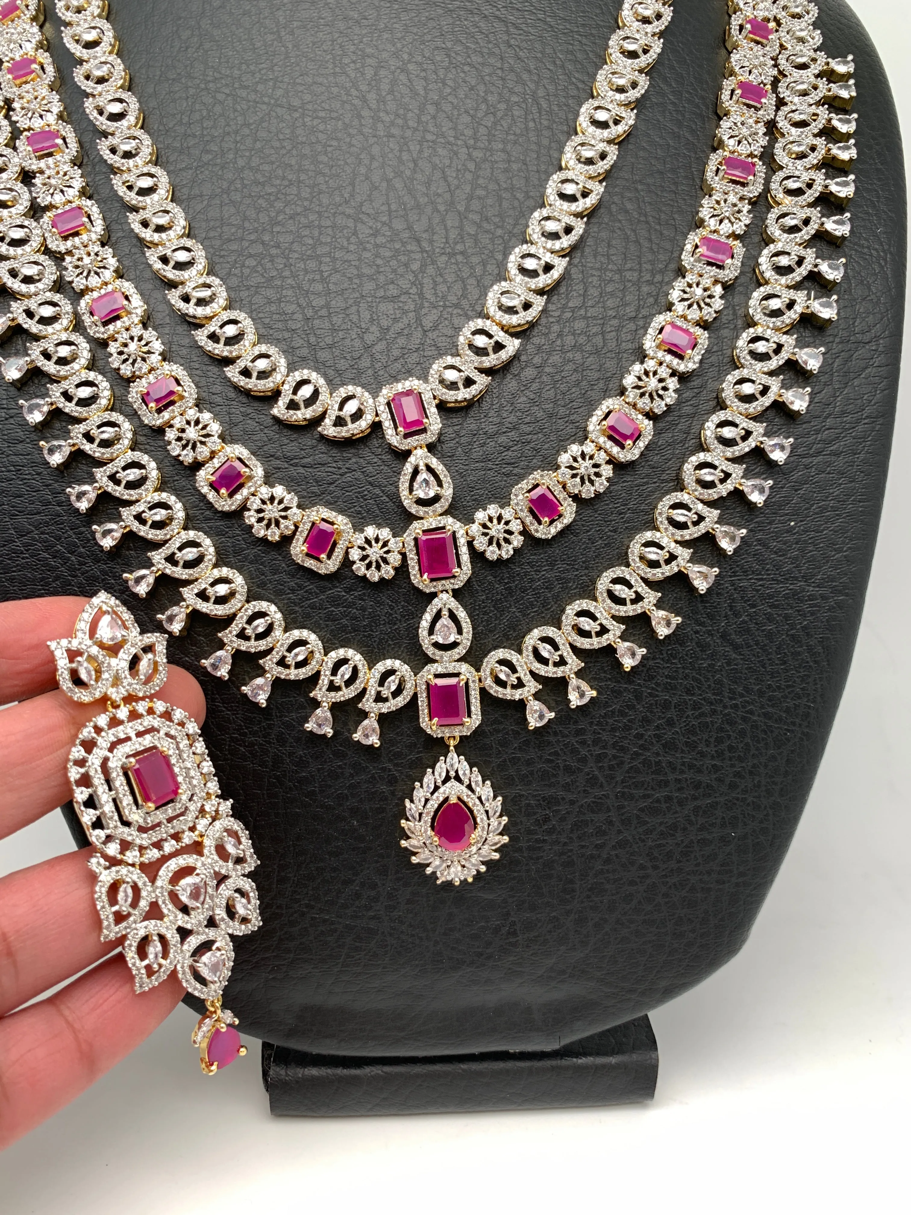AD Ruby Red Stone Multi Layer Long Necklace