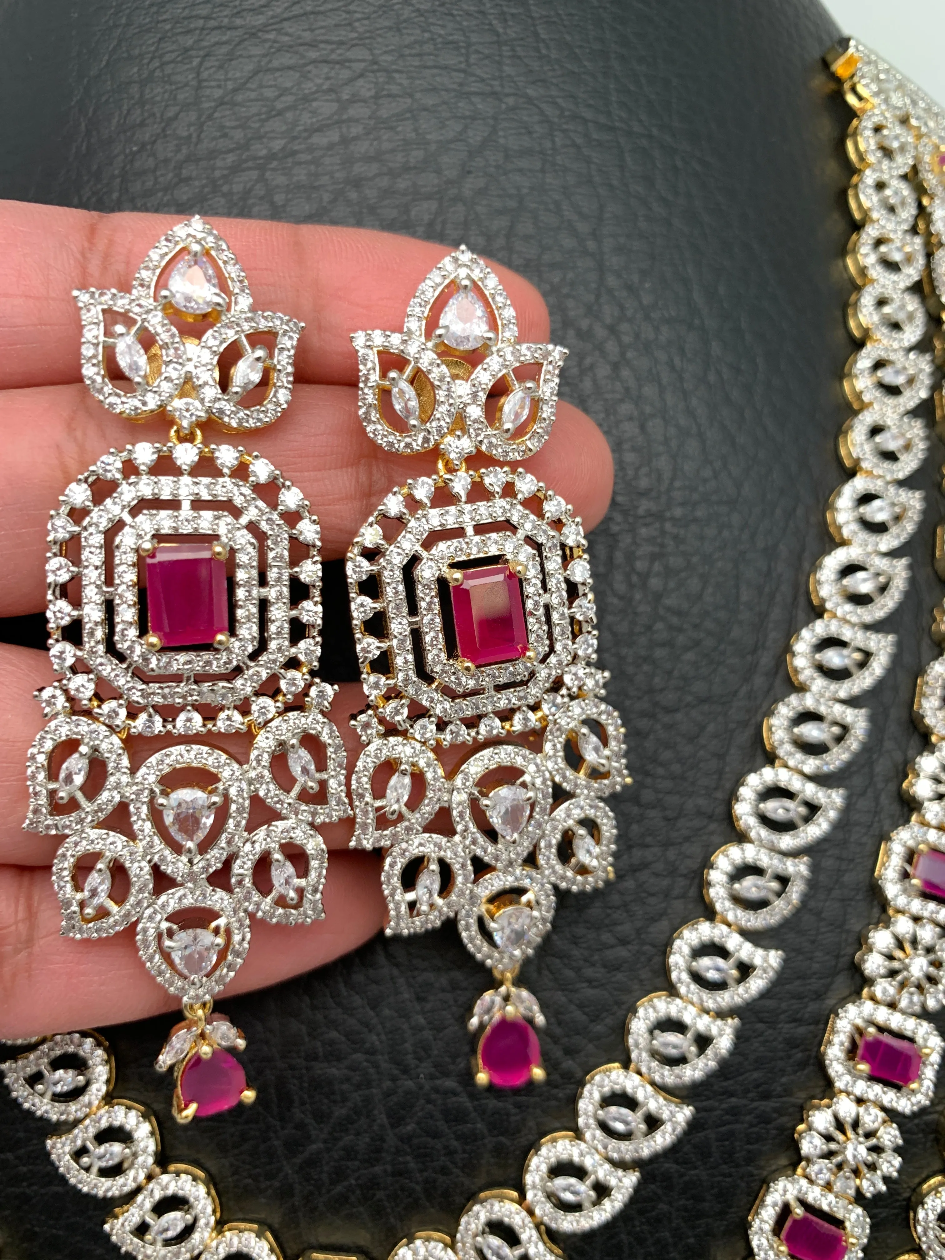AD Ruby Red Stone Multi Layer Long Necklace
