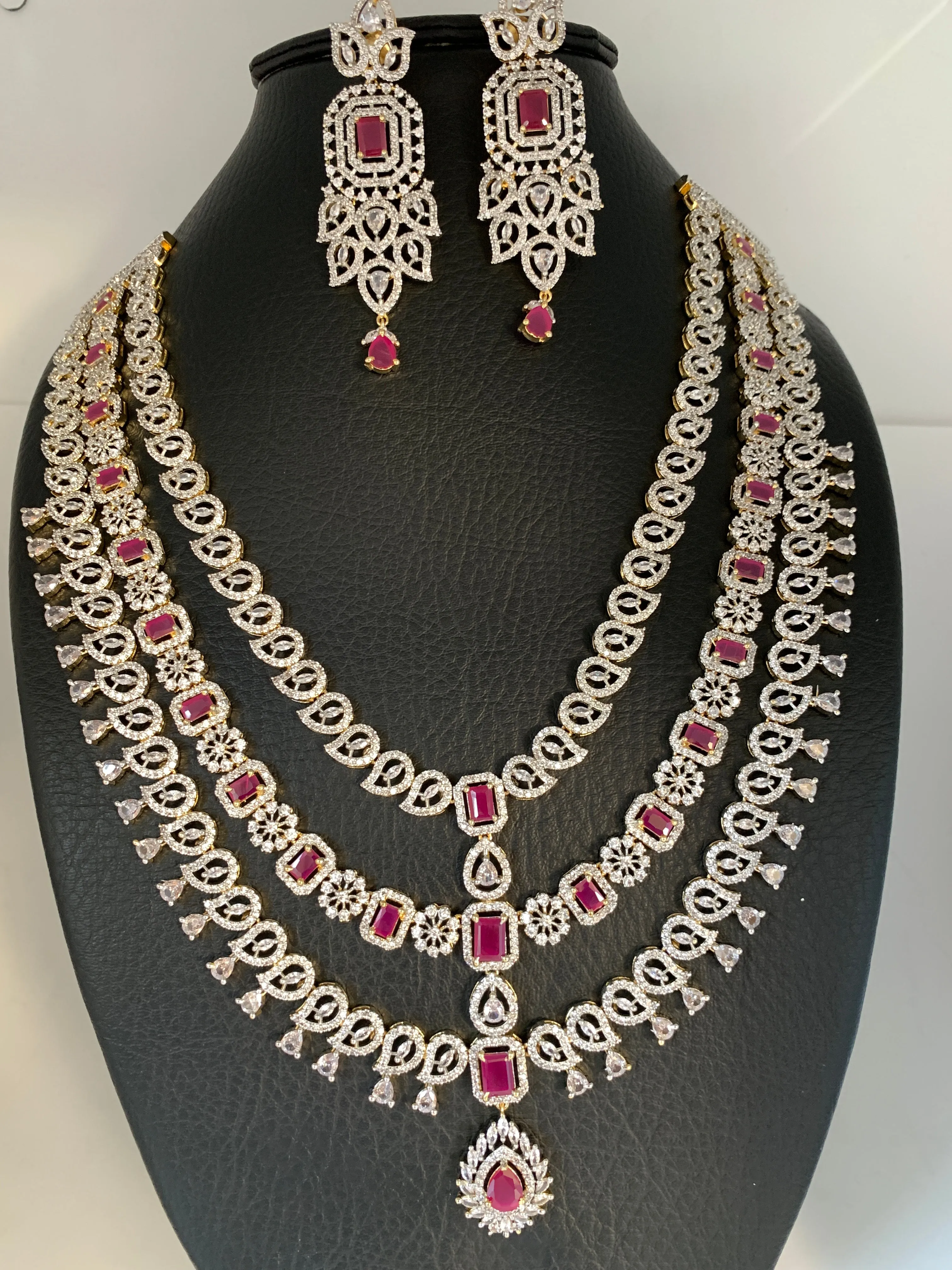 AD Ruby Red Stone Multi Layer Long Necklace