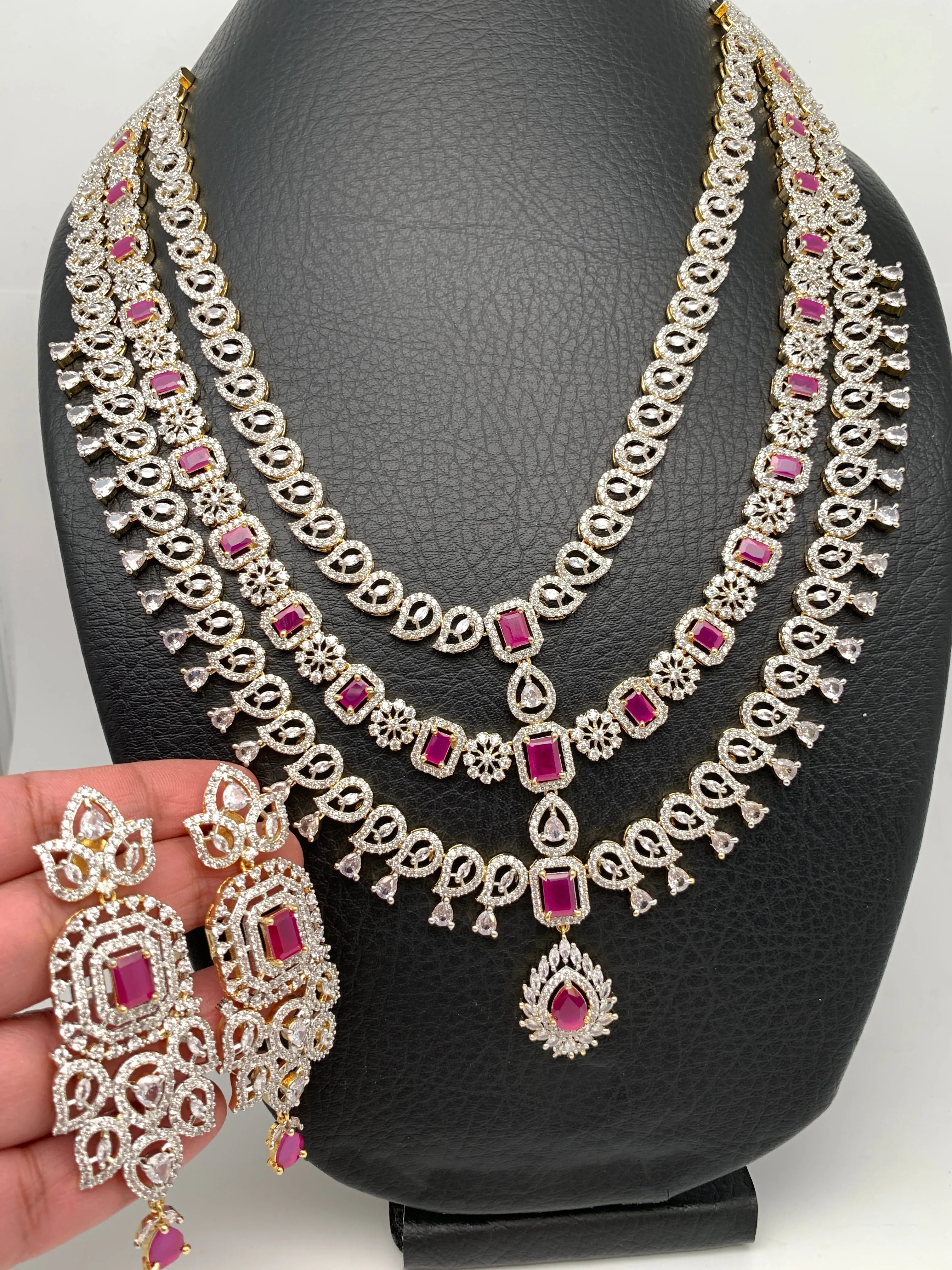 AD Ruby Red Stone Multi Layer Long Necklace