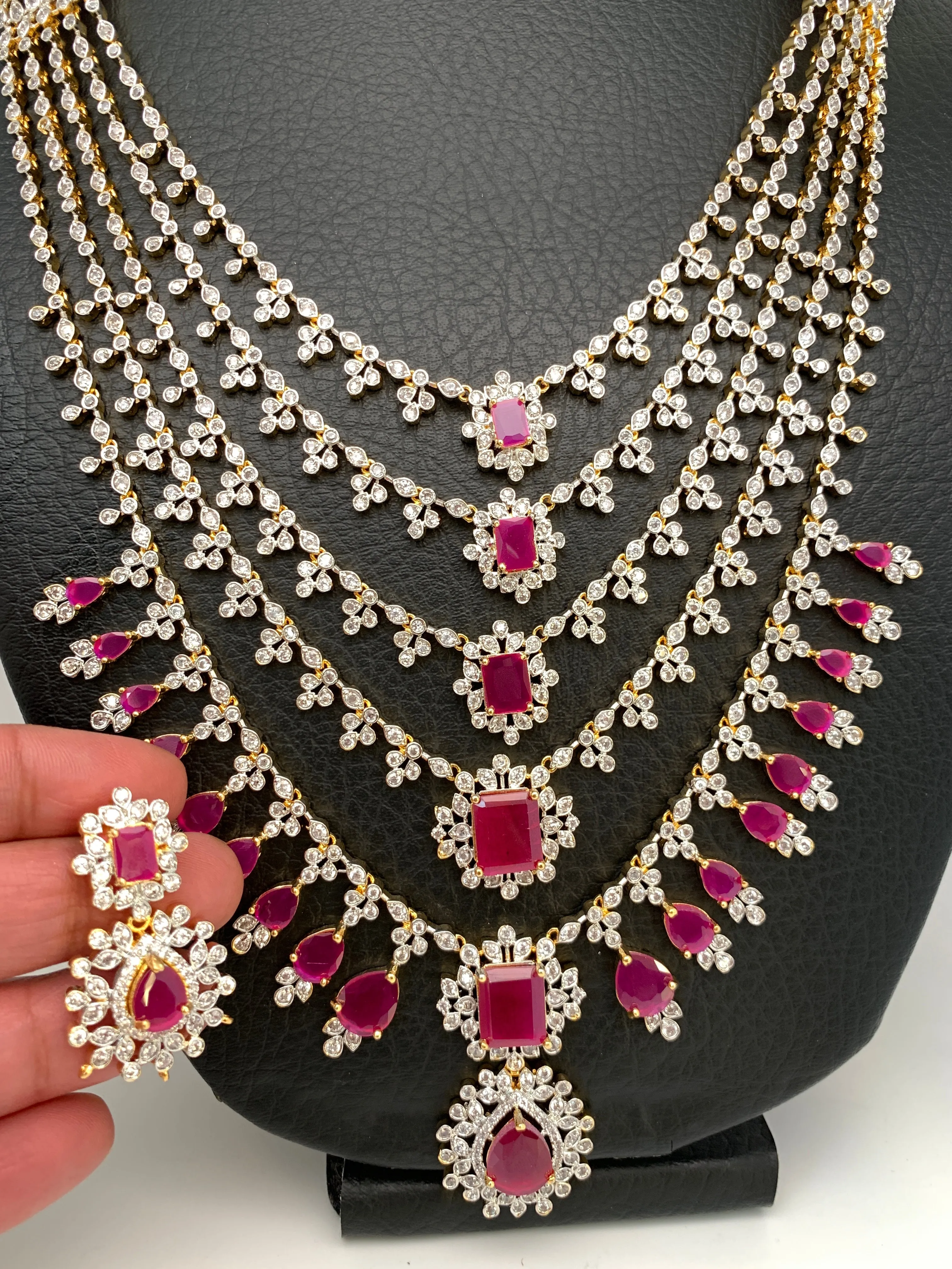 AD Ruby Red Stone Multi Layer Panch Lada Long Necklace