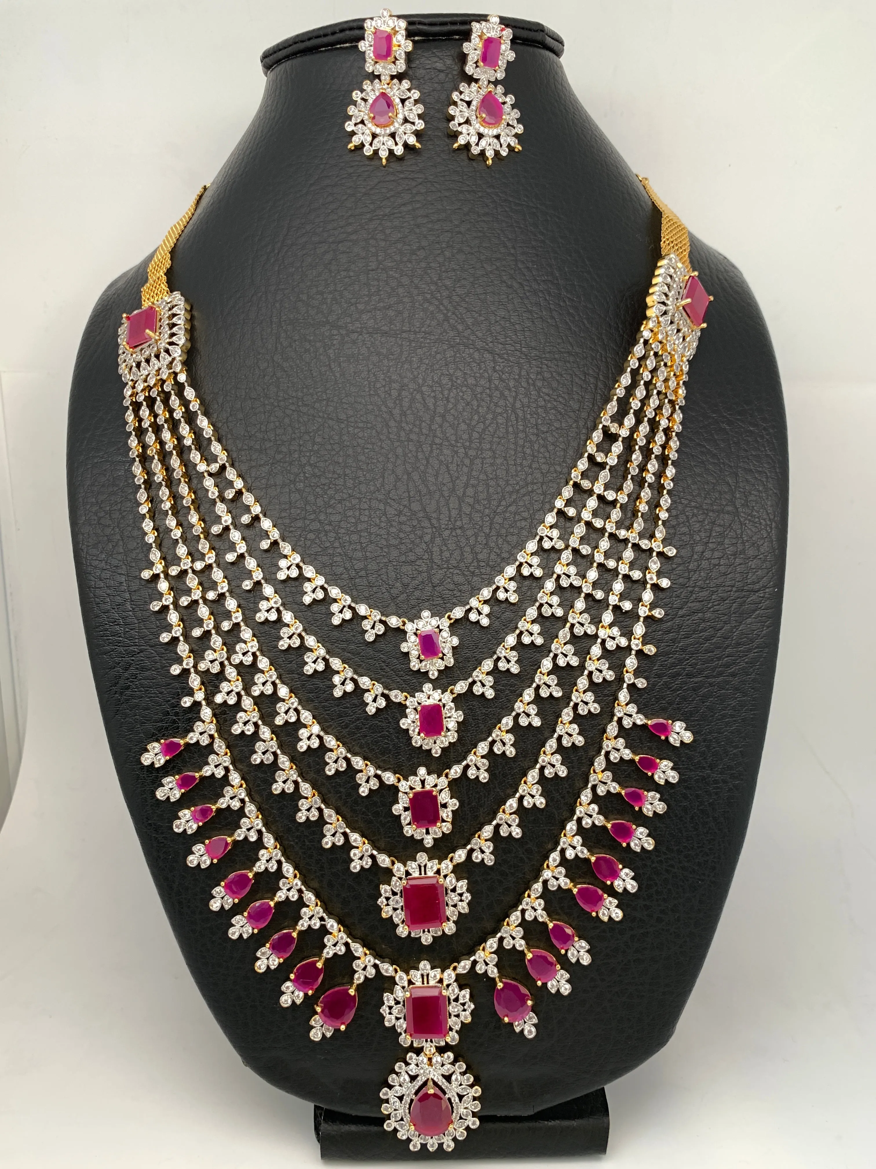 AD Ruby Red Stone Multi Layer Panch Lada Long Necklace