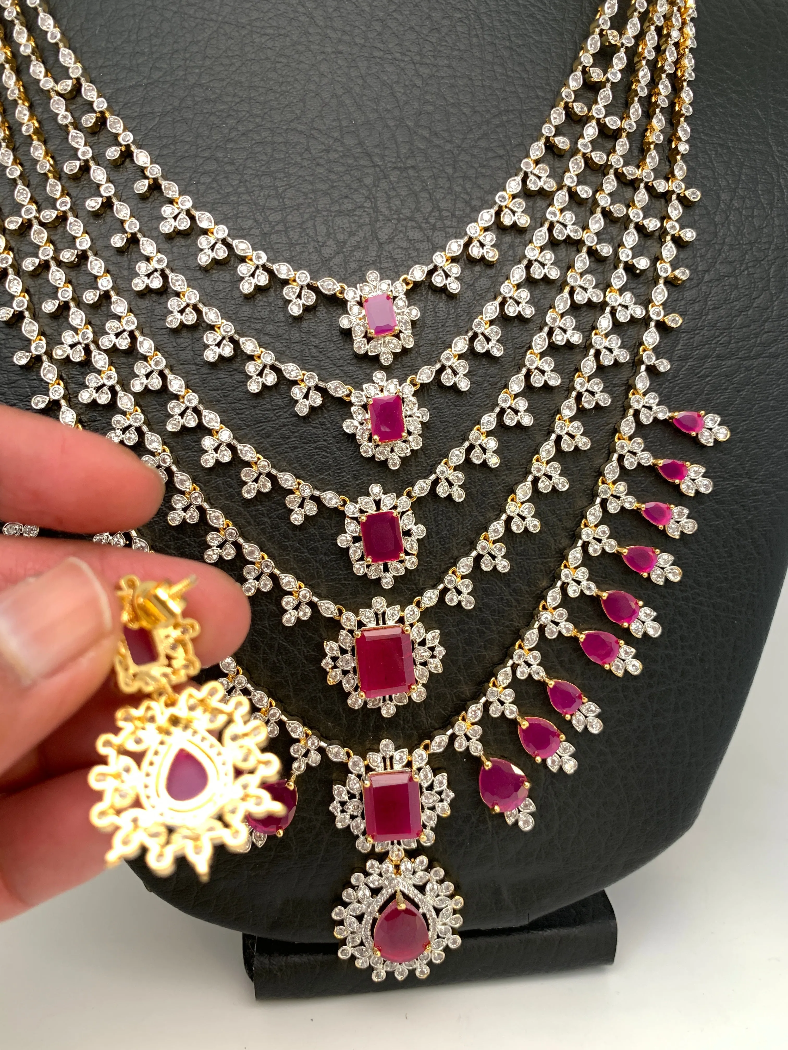 AD Ruby Red Stone Multi Layer Panch Lada Long Necklace