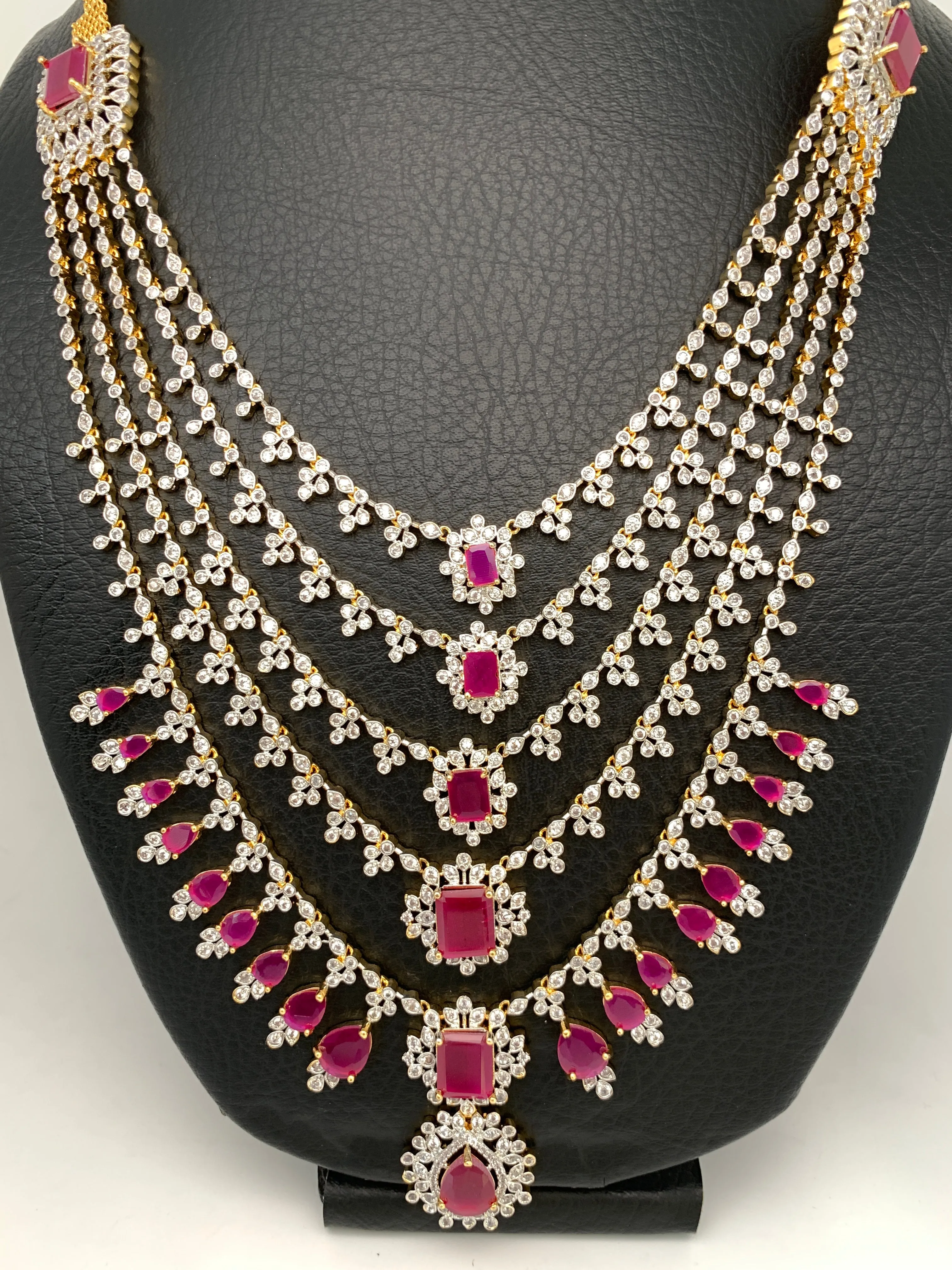 AD Ruby Red Stone Multi Layer Panch Lada Long Necklace