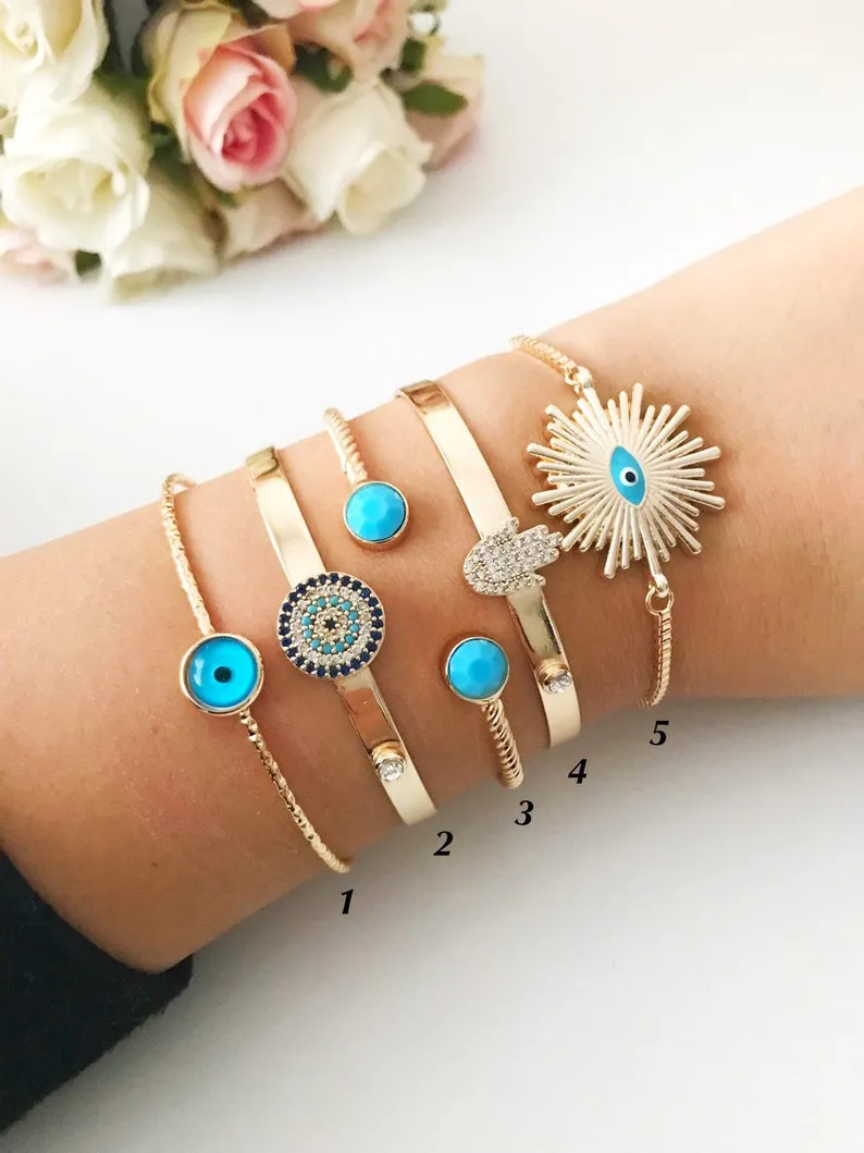 Adjustable Blue Evil Eye Bangle Bracelet Collection - Handmade Gold Charm Jewelry with Hamsa Pendant and Turquoise Beads