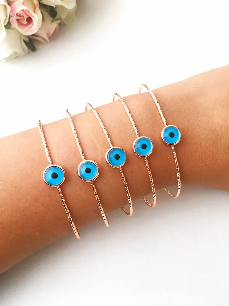 Adjustable Blue Evil Eye Bangle Bracelet Collection - Handmade Gold Charm Jewelry with Hamsa Pendant and Turquoise Beads