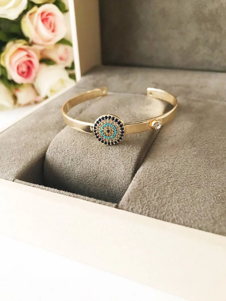 Adjustable Blue Evil Eye Bangle Bracelet Collection - Handmade Gold Charm Jewelry with Hamsa Pendant and Turquoise Beads