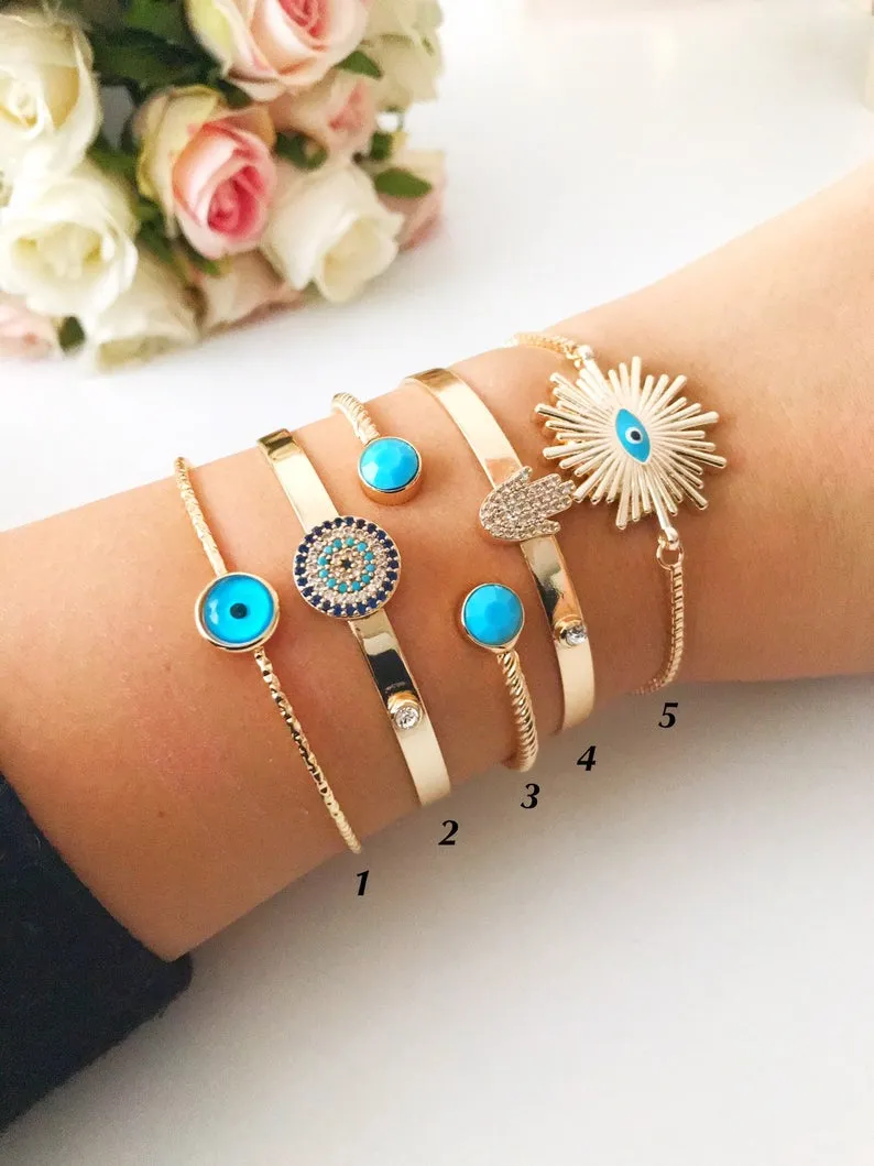 Adjustable Blue Evil Eye Bangle Bracelet Collection - Handmade Gold Charm Jewelry with Hamsa Pendant and Turquoise Beads
