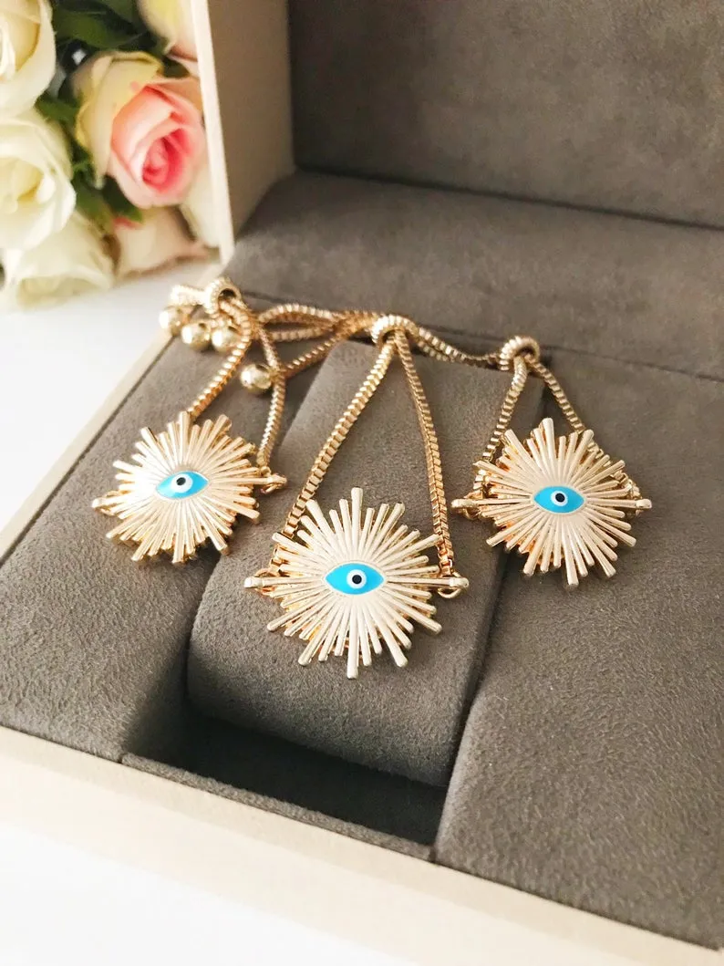 Adjustable Blue Evil Eye Bangle Bracelet Collection - Handmade Gold Charm Jewelry with Hamsa Pendant and Turquoise Beads