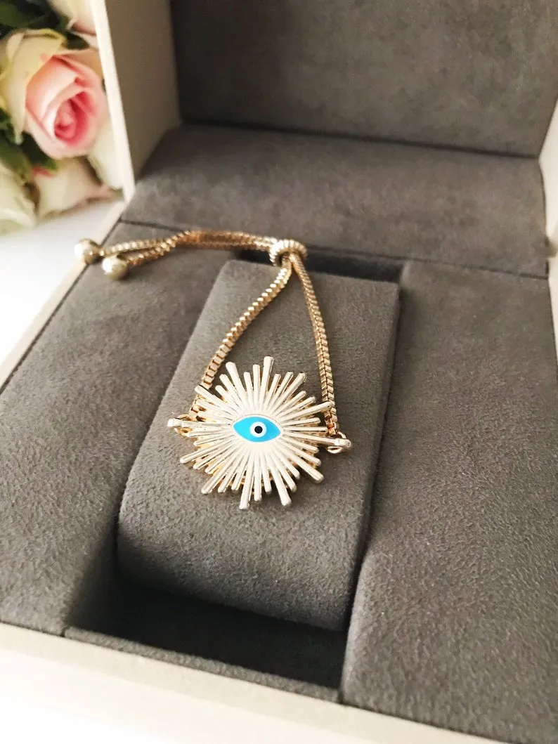 Adjustable Blue Evil Eye Bangle Bracelet Collection - Handmade Gold Charm Jewelry with Hamsa Pendant and Turquoise Beads
