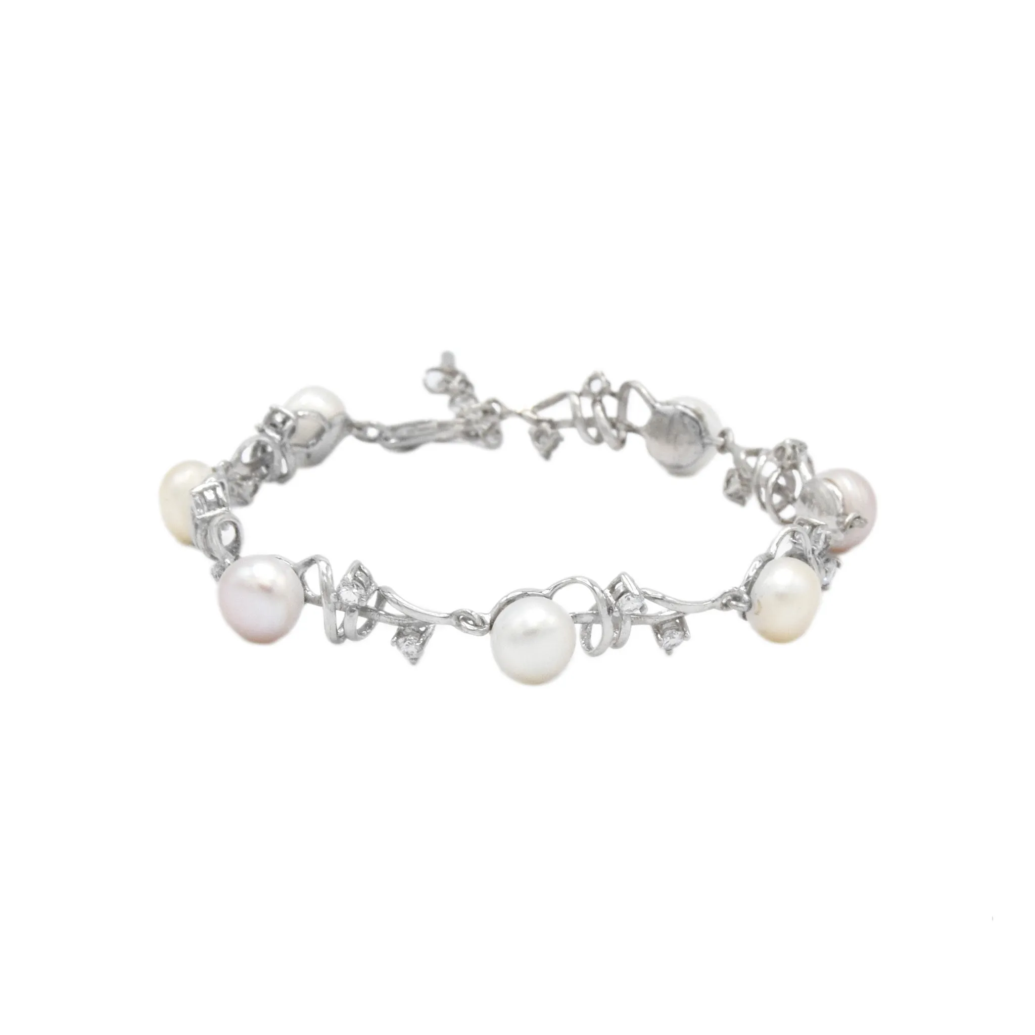 Elegant Pearl and Zircon Silver Bracelet