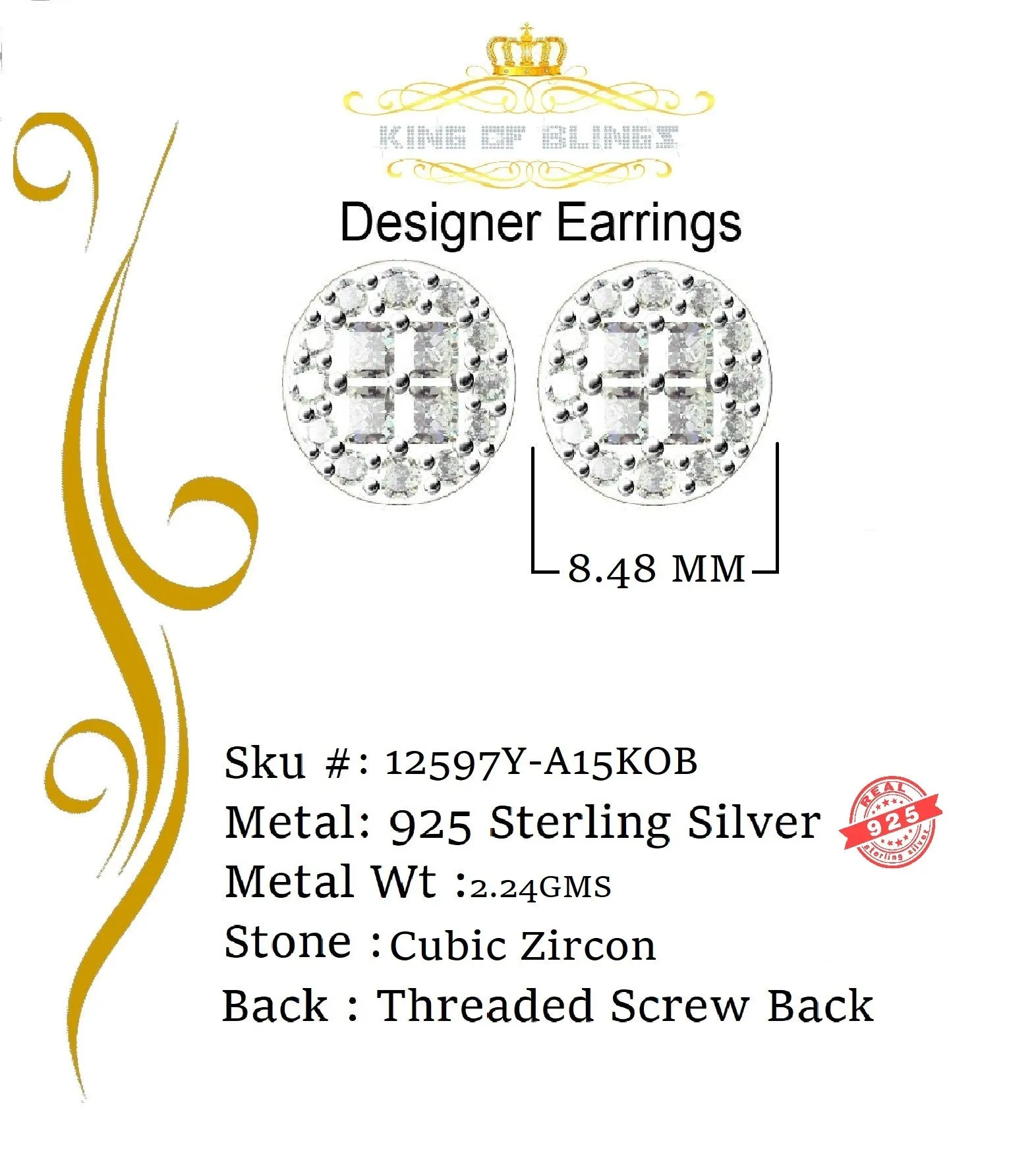 King of Bling's Aretes Para Hombre 925 Yellow Silver 1.68ct Cubic Zirconia Round Women's Earring
