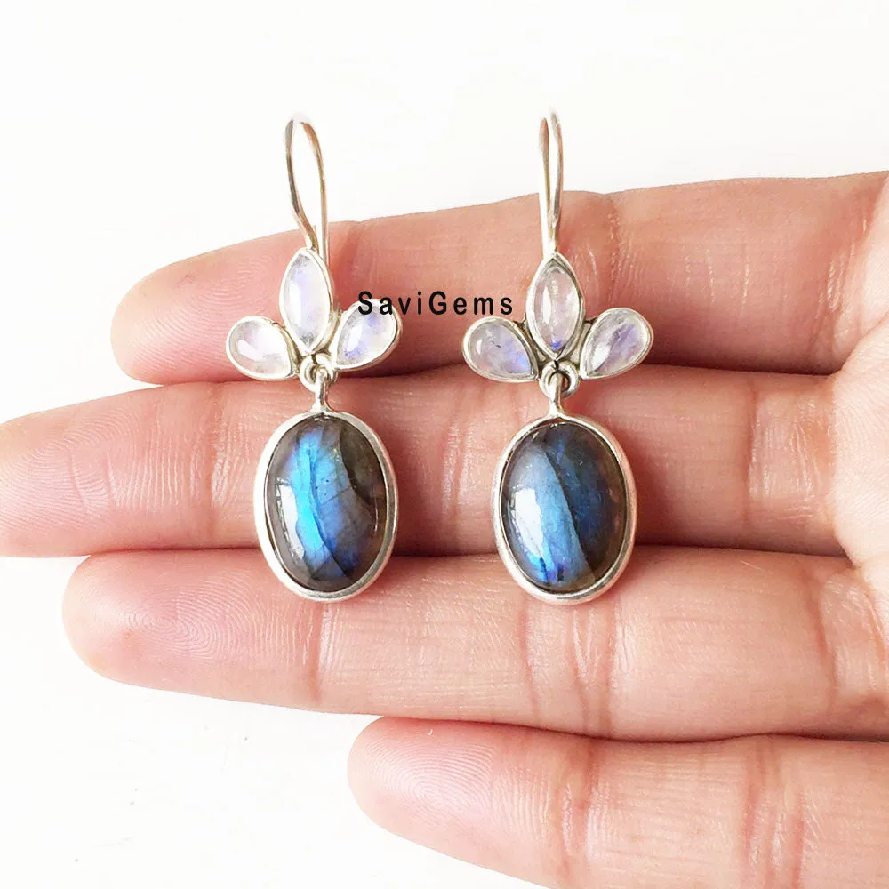 Labradorite & Rainbow Moonstone Sterling Silver Earring
