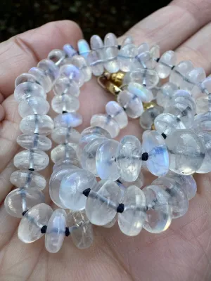 Magical Moonstone Candy Necklace Hand Knotted on Navy Blue Silk