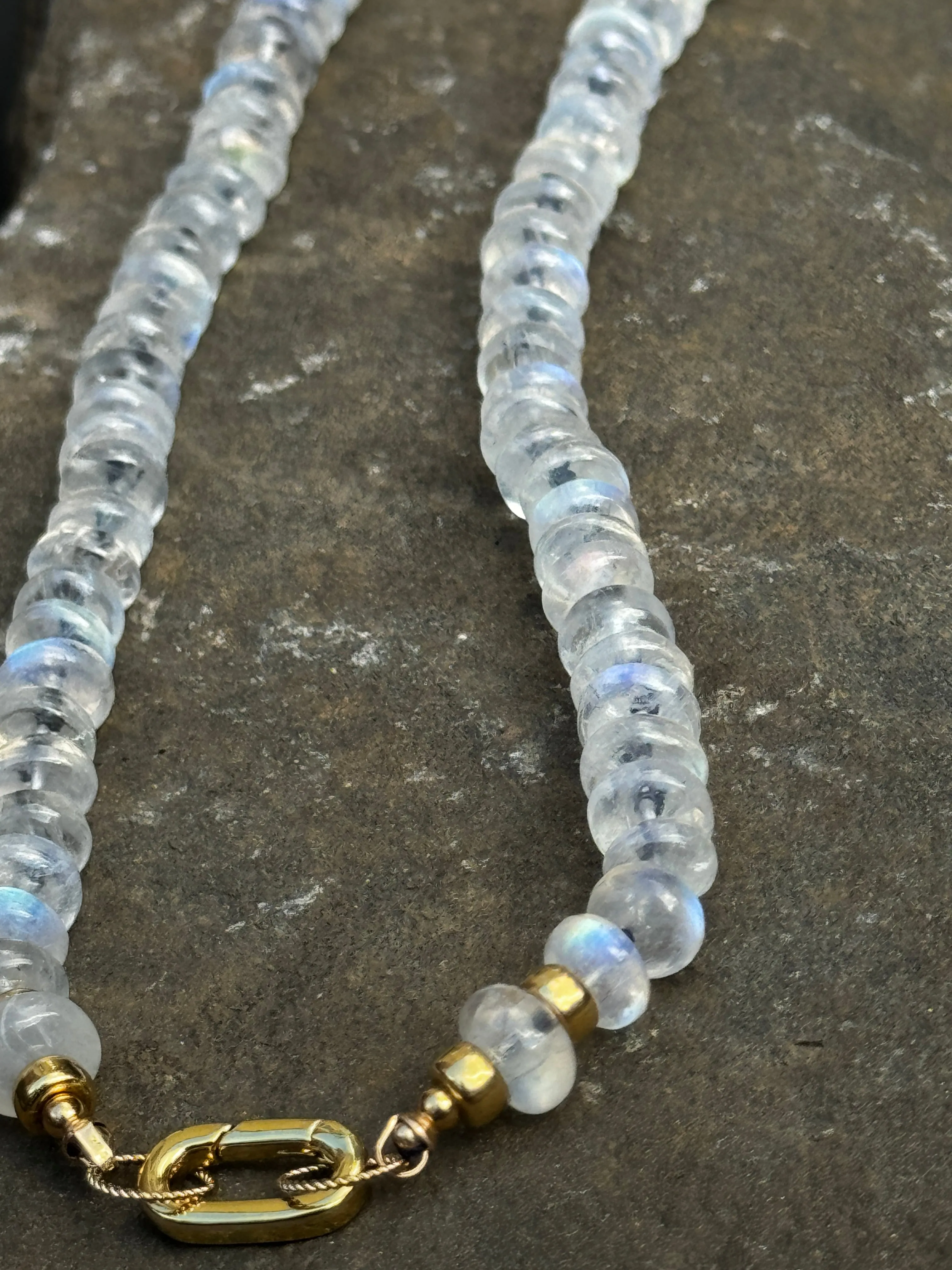 Magical Moonstone Candy Necklace Hand Knotted on Navy Blue Silk