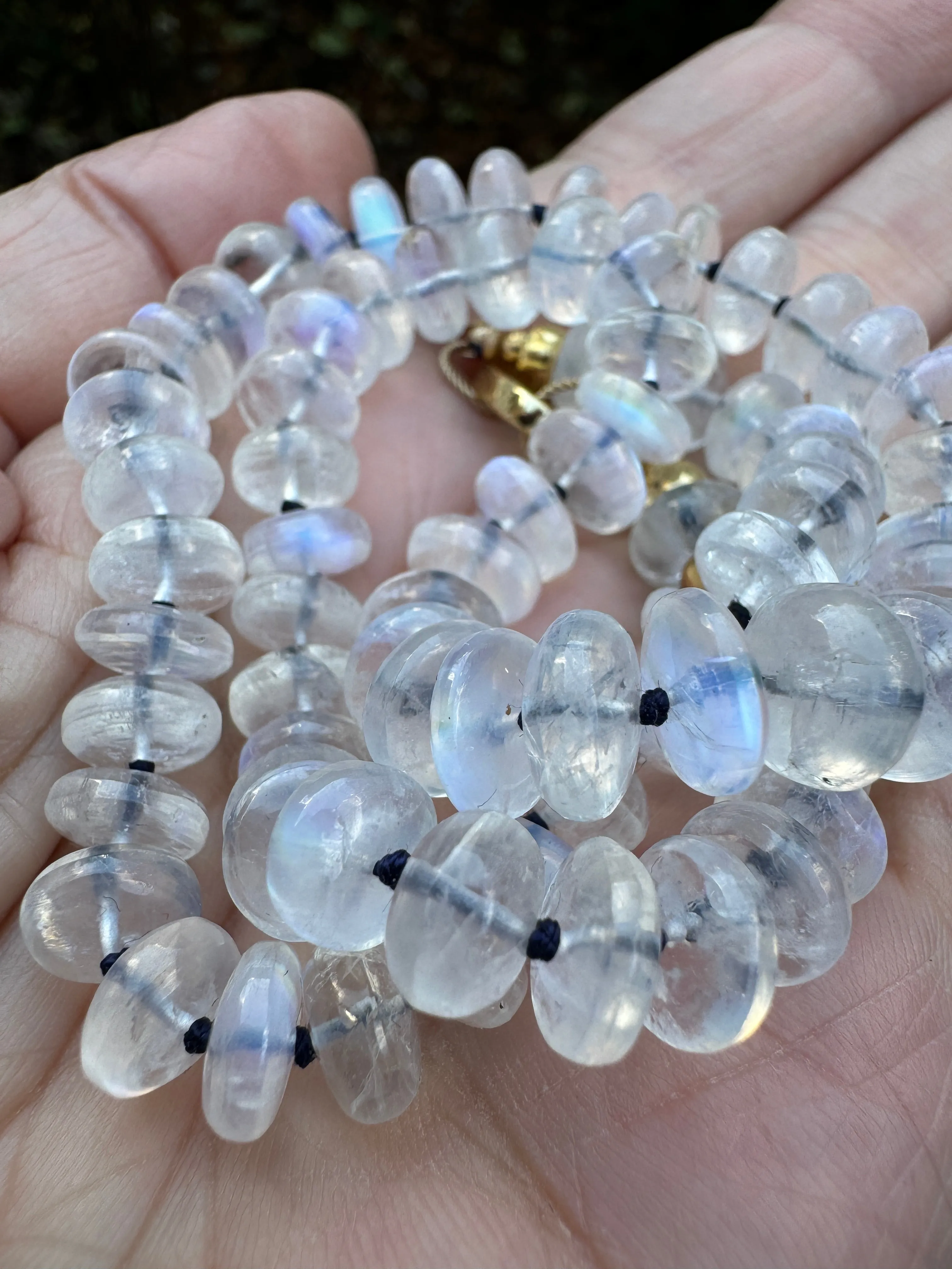 Magical Moonstone Candy Necklace Hand Knotted on Navy Blue Silk