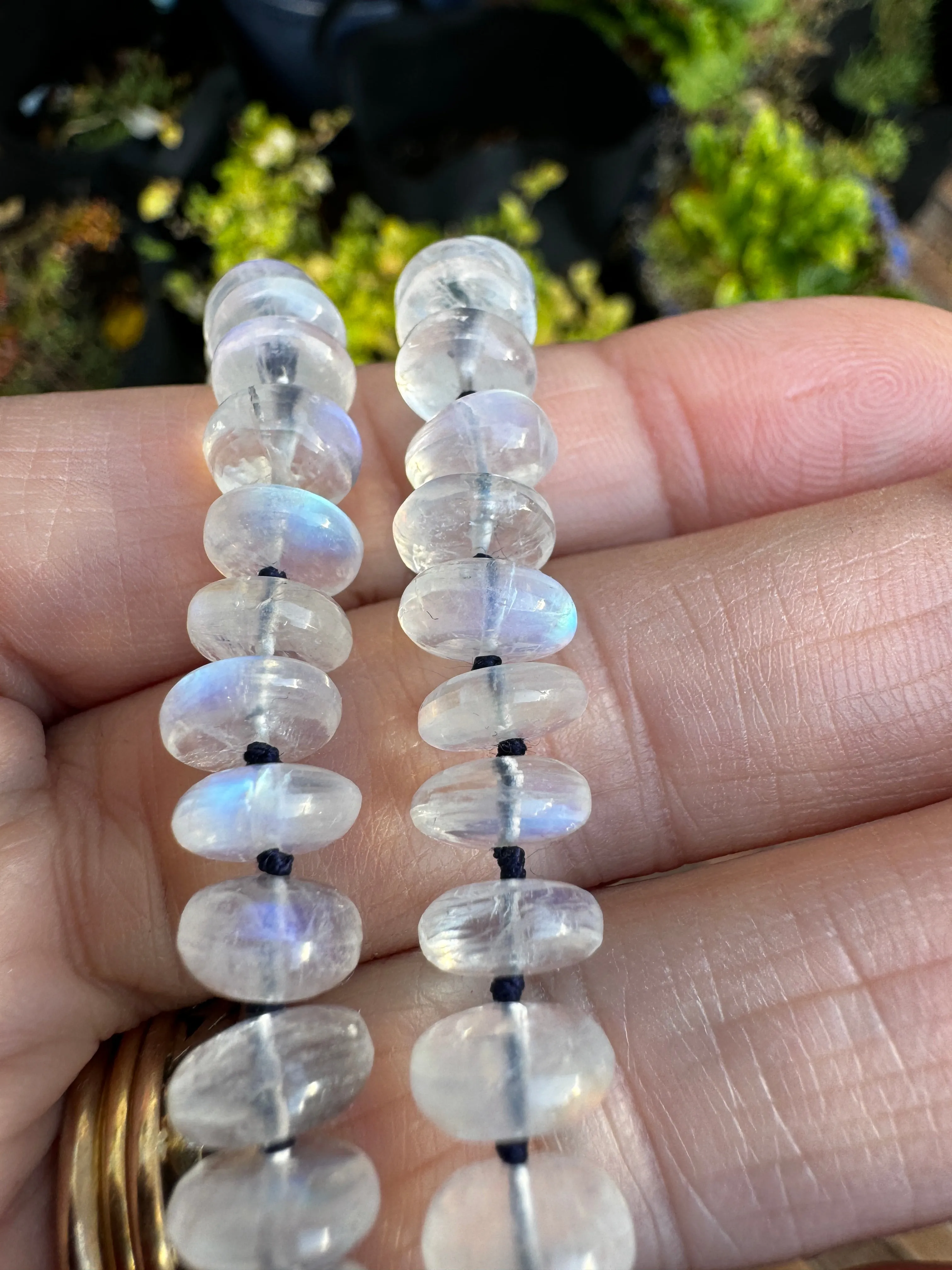Magical Moonstone Candy Necklace Hand Knotted on Navy Blue Silk