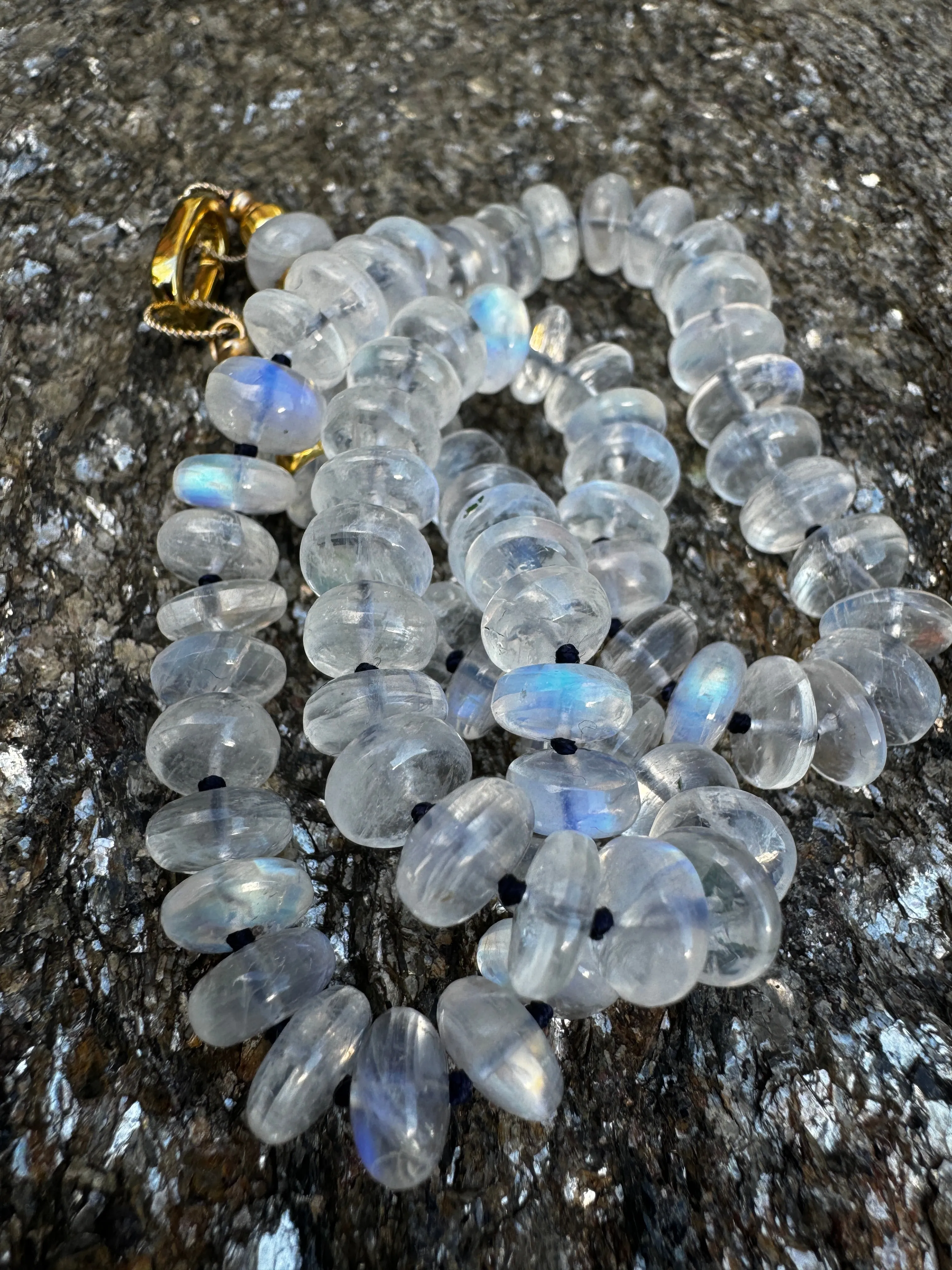 Magical Moonstone Candy Necklace Hand Knotted on Navy Blue Silk