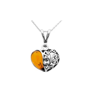 MILENA Necklace Silver and Amber Heart Filigree