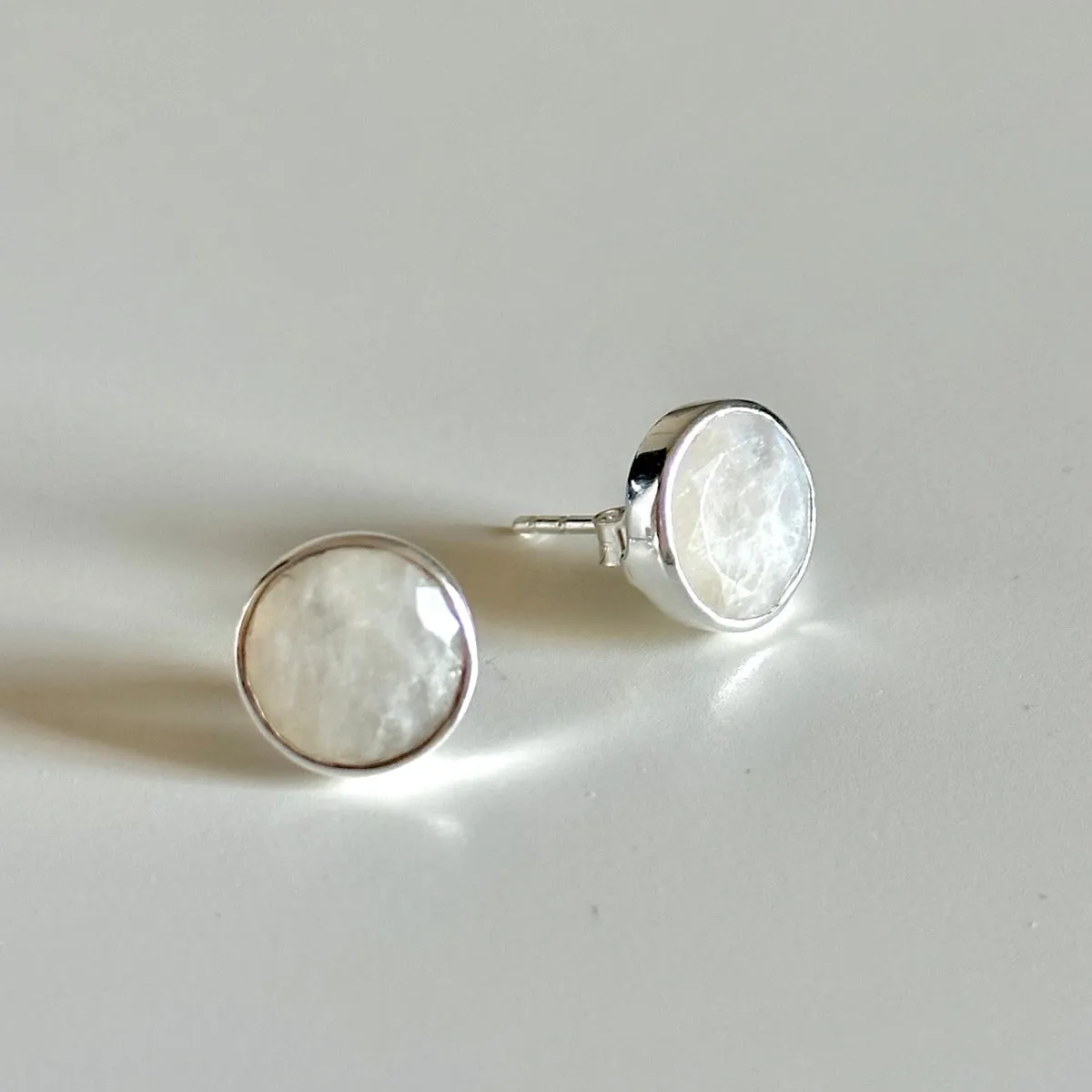 Moonstone Studs in Sterling Silver with a Round Faceted Gemstone