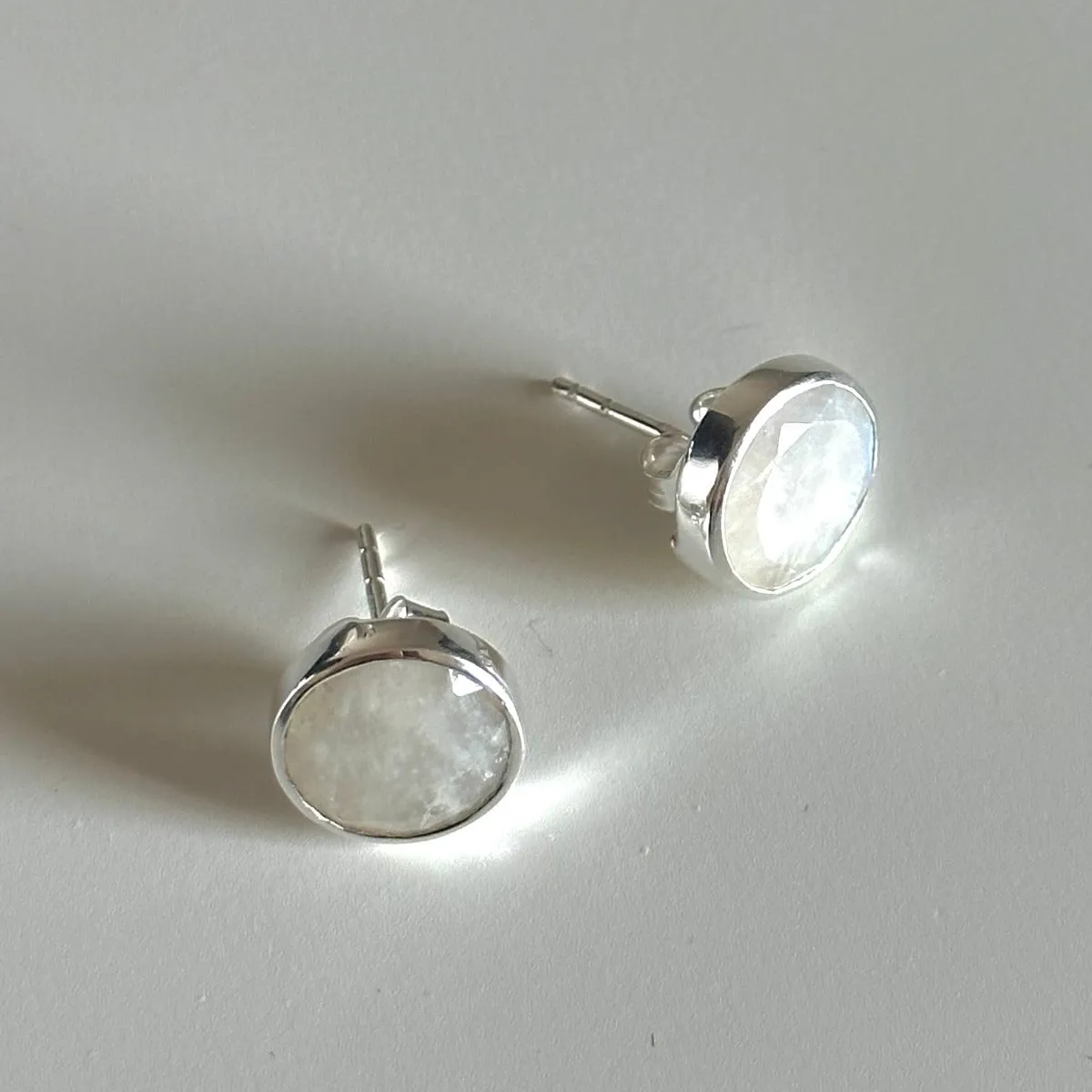 Moonstone Studs in Sterling Silver with a Round Faceted Gemstone