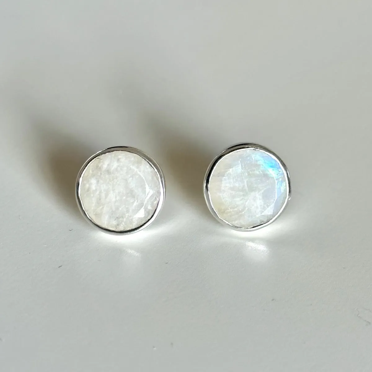 Moonstone Studs in Sterling Silver with a Round Faceted Gemstone