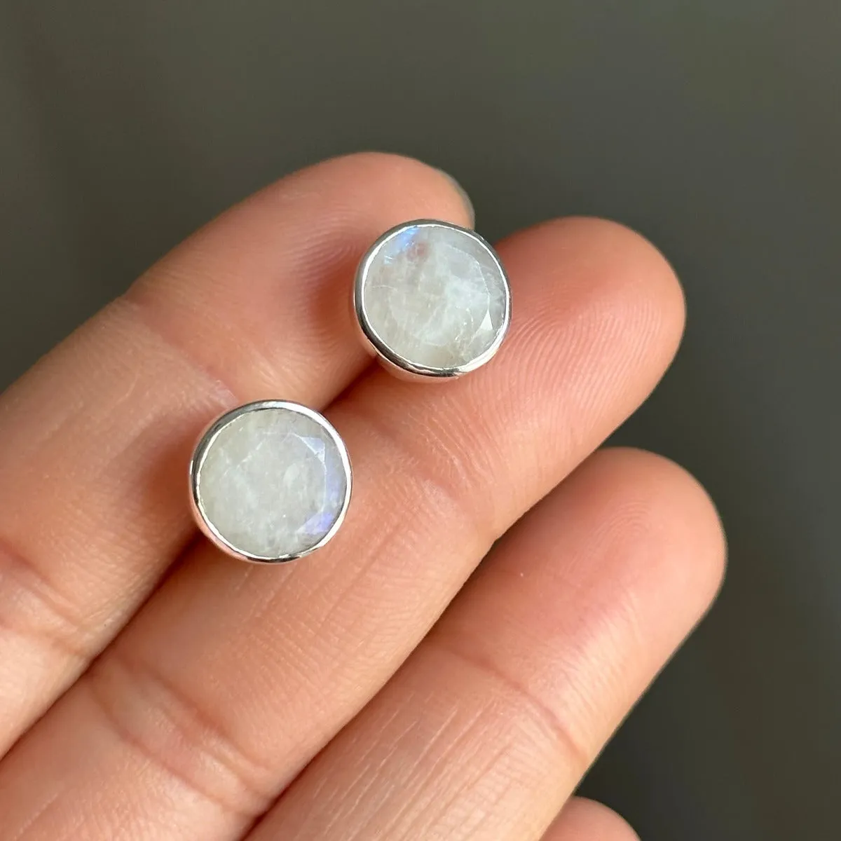 Moonstone Studs in Sterling Silver with a Round Faceted Gemstone