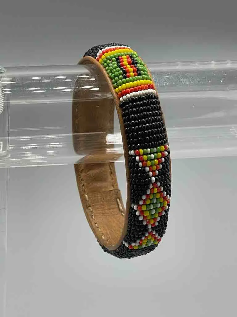 Older Traditional Design Wide Black Beaded Leather Bracelet - Mali